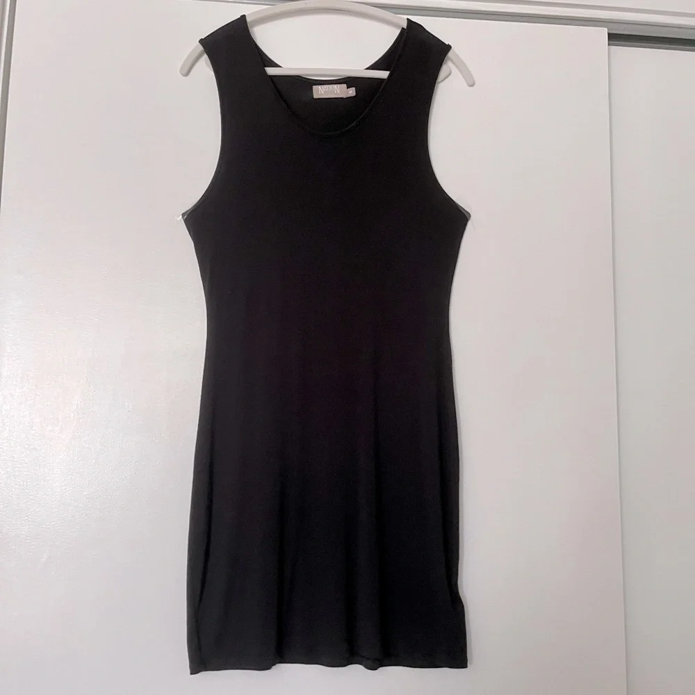 Nation LDT (M) Jersey Mini Midi Dress Black Stretchy Rayon Sleeveless - Picture 1 of 7